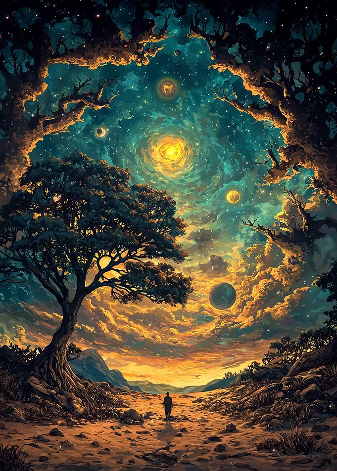 Cosmic Landscape with Lone Figure
