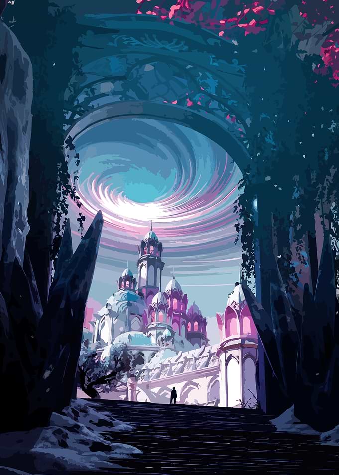 Fantasy Castle Under Swirling Sky