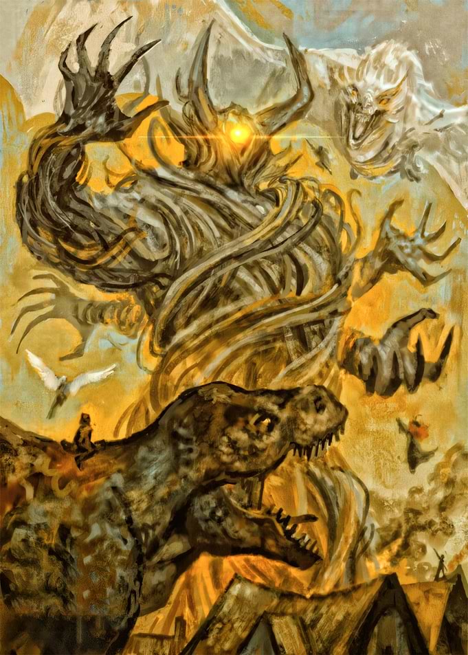 Fantasy Battle Scene with Dinosaur