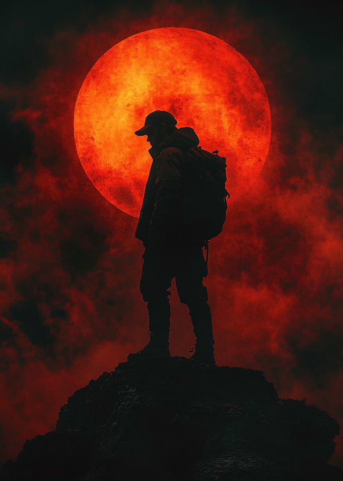 Silhouette Hiker Red Moon