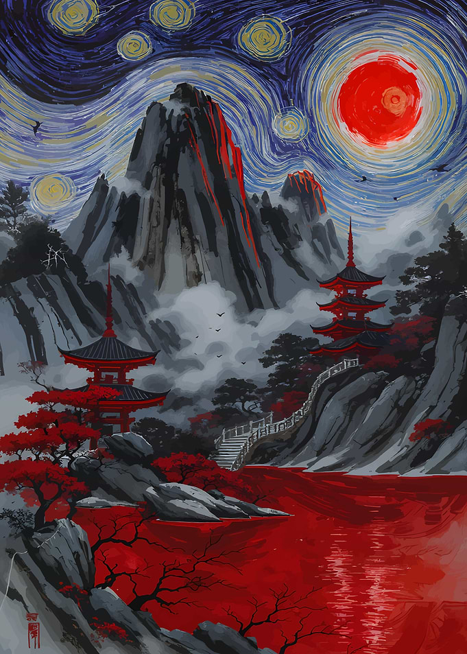 Japanese Landscape with Starry Night Sky