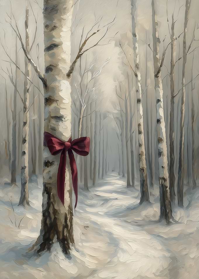 Winter Birch Tree with Red Bow