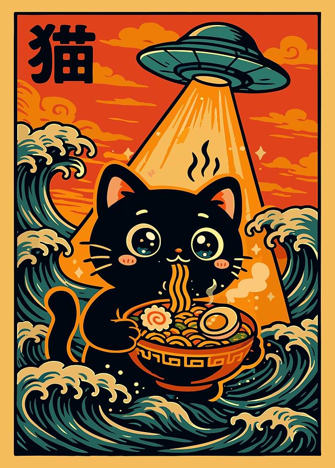 Cat Ramen UFO Japanese Anime Graphic