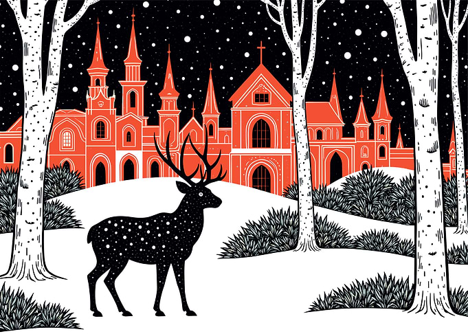 Winter Deer and Castle Illustration