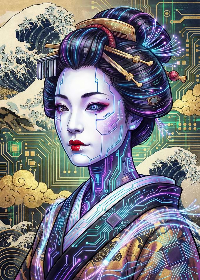 Cyberpunk Geisha with Circuitry Details