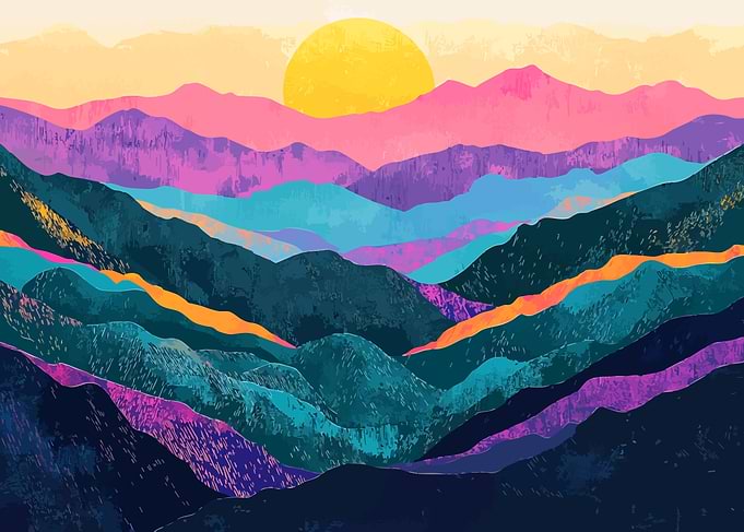 Mountain Ridges Sunset Minimalist Art Illustration
