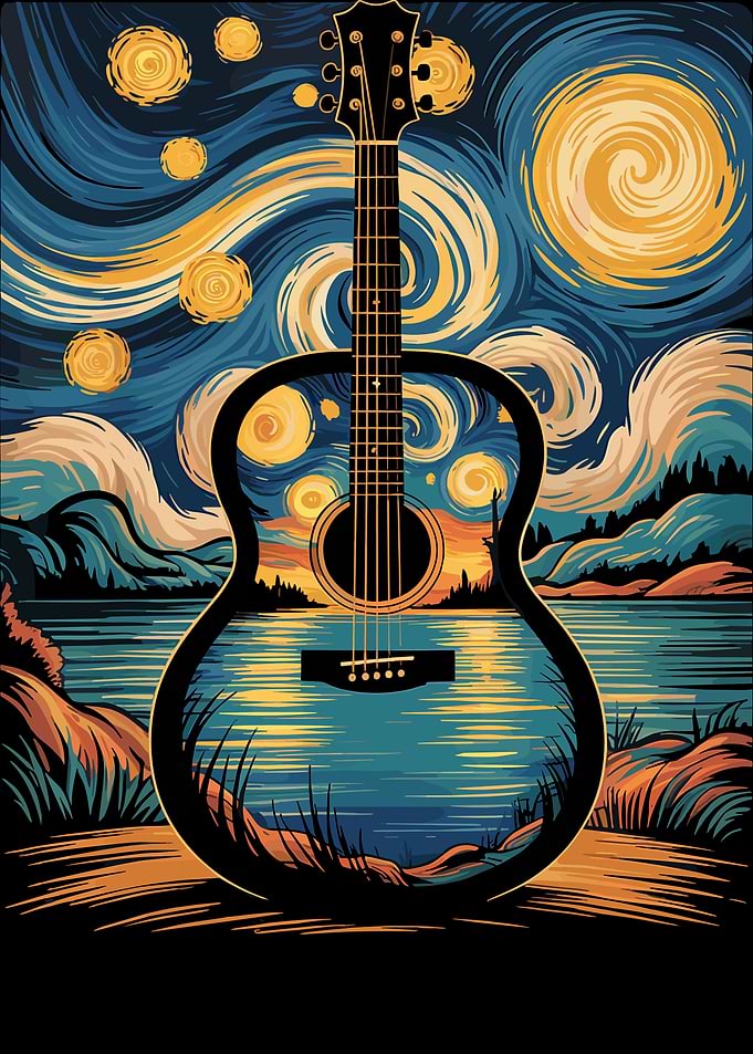 Starry Night Guitar Landscape Art
