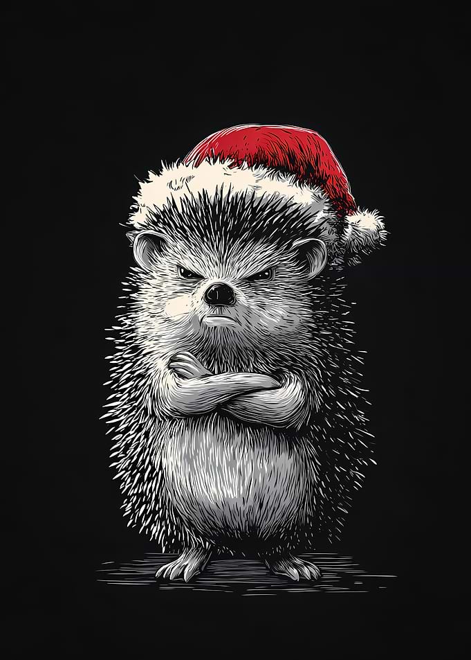 Grumpy Hedgehog in Santa Hat