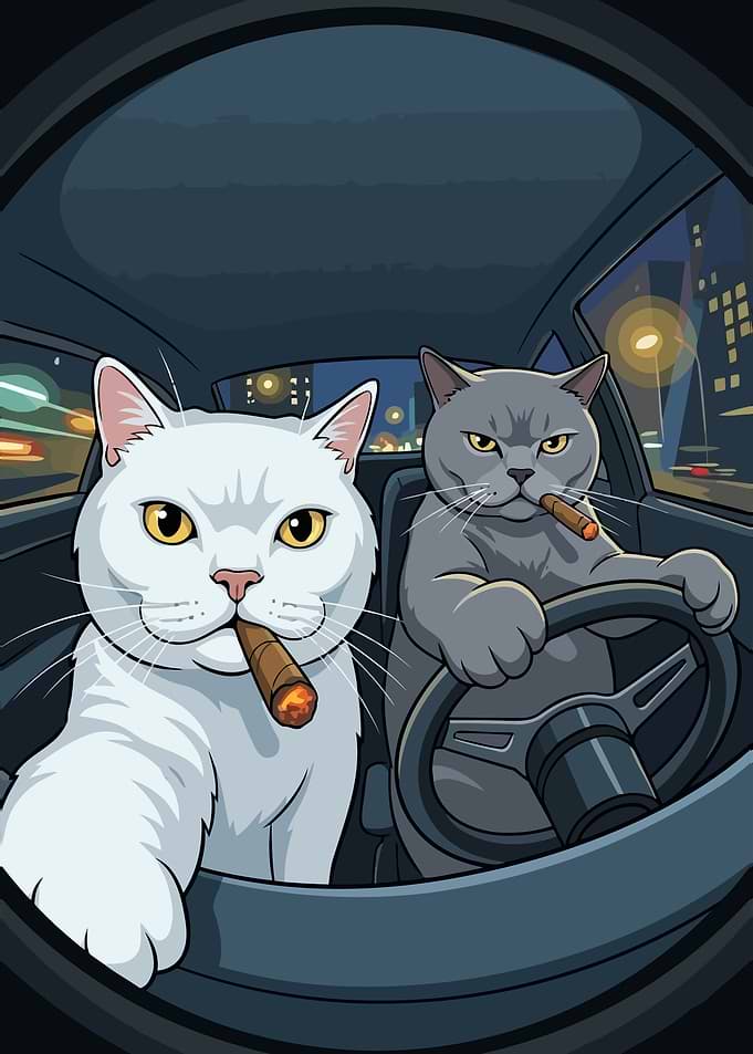 Cats driving car smoking cigars
