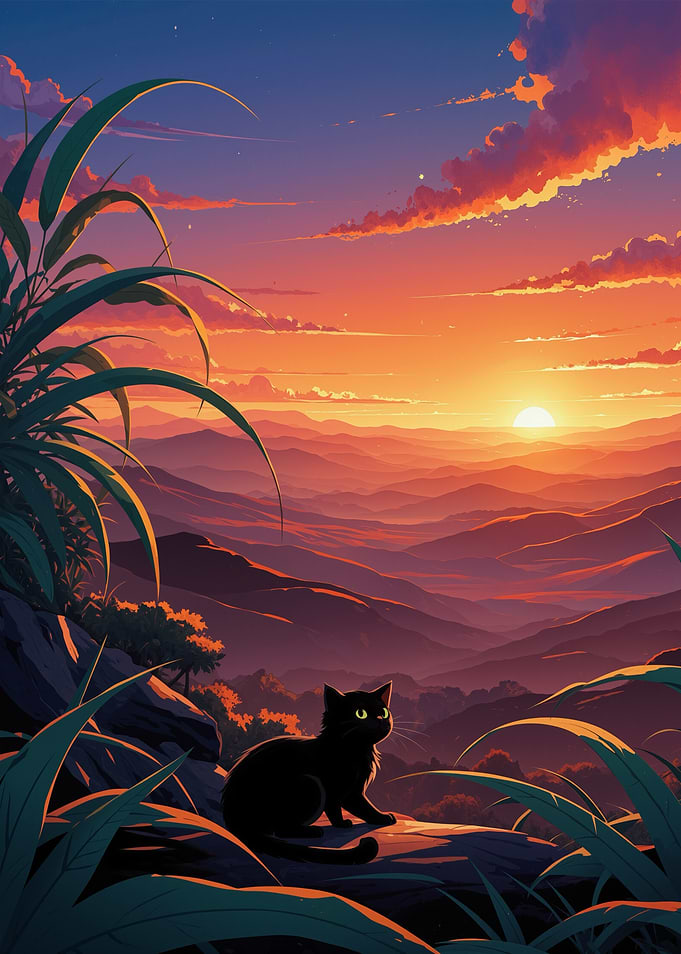 A Cat with Sunset Mountain View