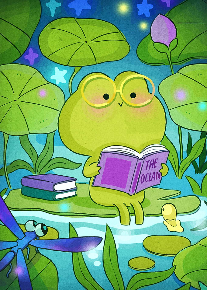 Frog Reading Book on Lily Pad