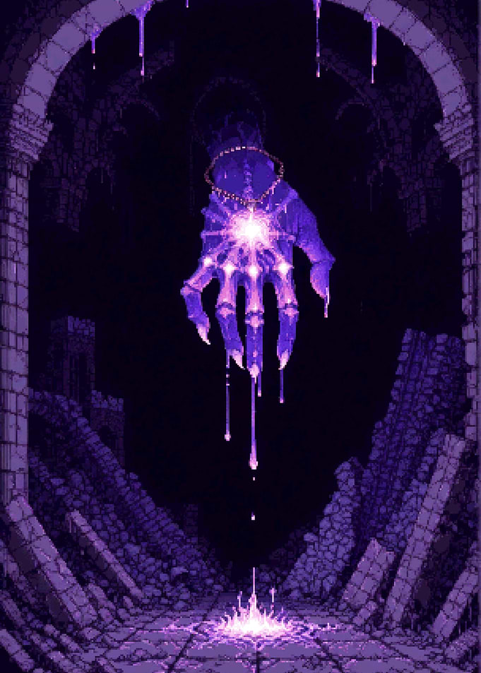 Purple Pixel Art Hand in Ruins