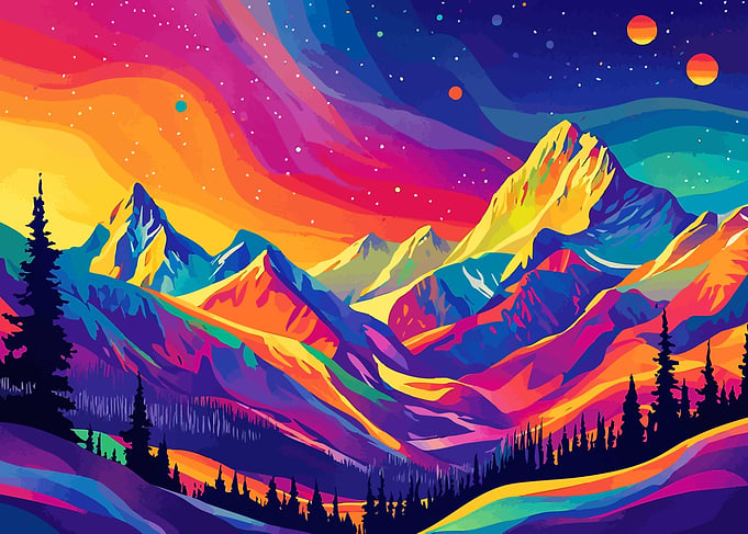Colorful Mountain Starry Sunset Minimalist Nature Art Illustration