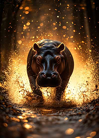 Charging Hippopotamus in Golden Light