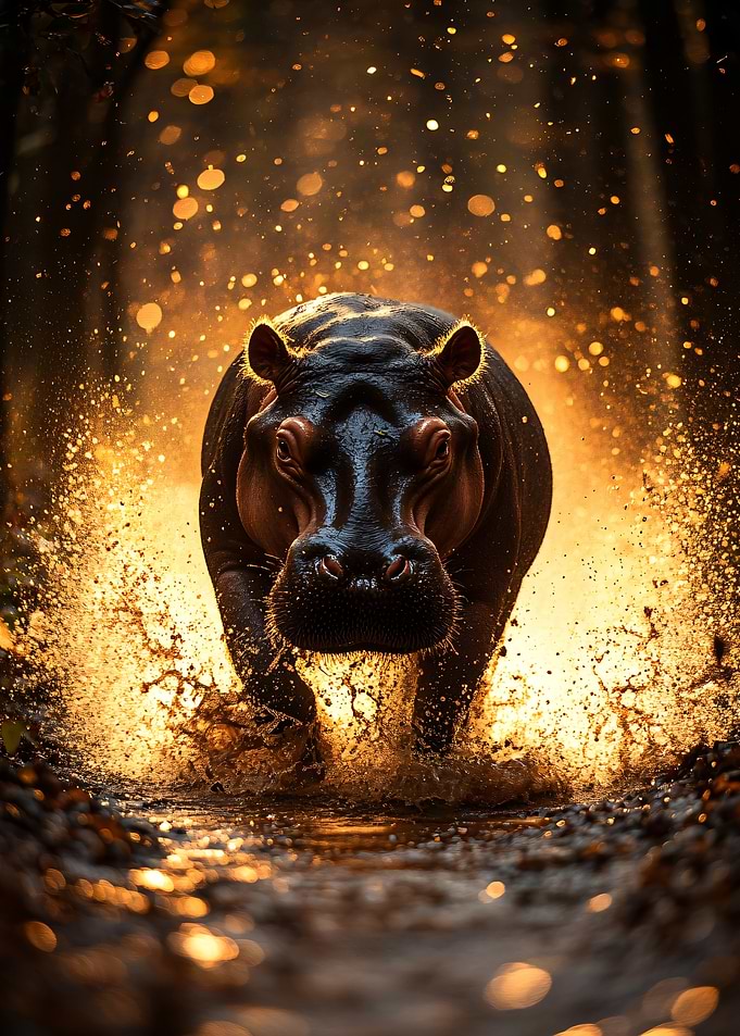 Charging Hippopotamus in Golden Light