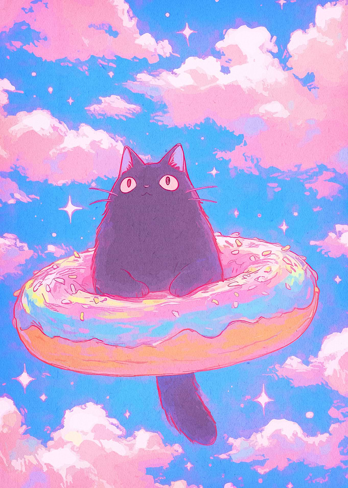 Cat in Donut Float in Sky