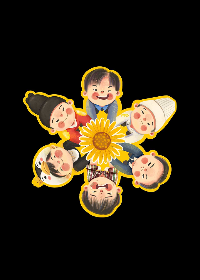 Children around a sunflower illustration