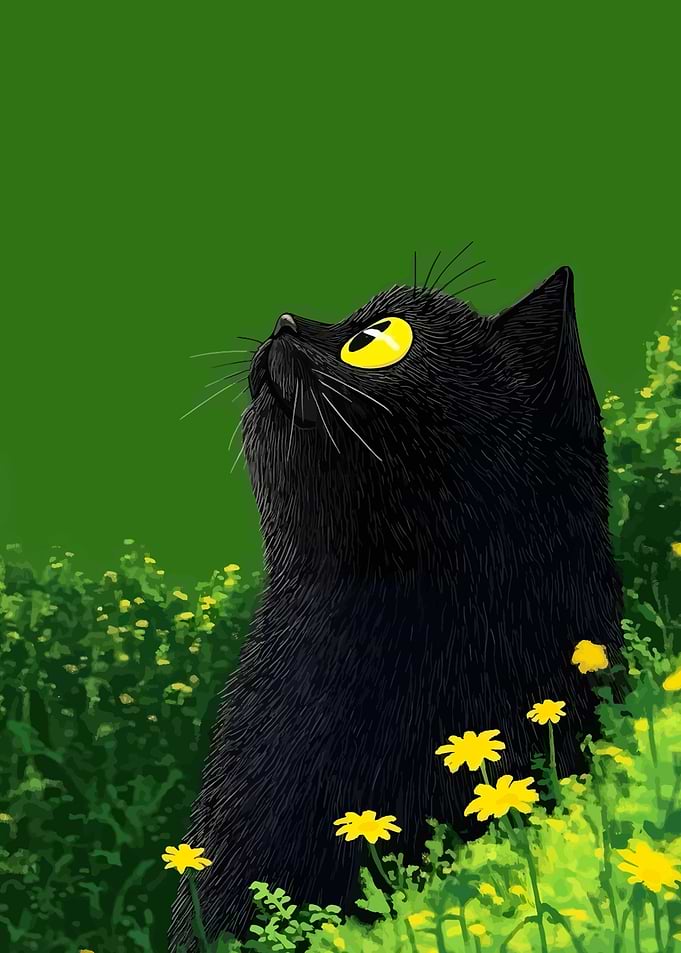 Black Cat in Dandelions