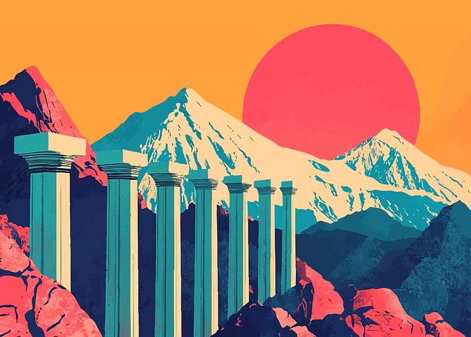 Surreal Greek Pillars and Mountain Sunset Landscape Minimalist Abstract Art Illustration