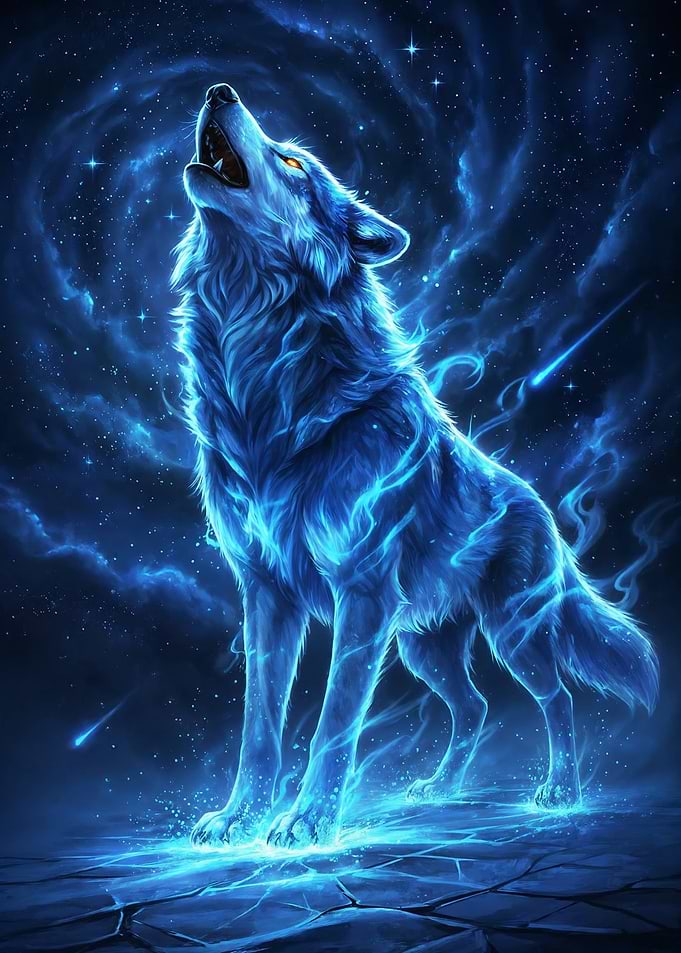 Howling Blue Wolf in Starry Night