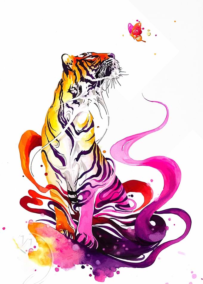 Watercolor Tiger and Butterfly Illustration
