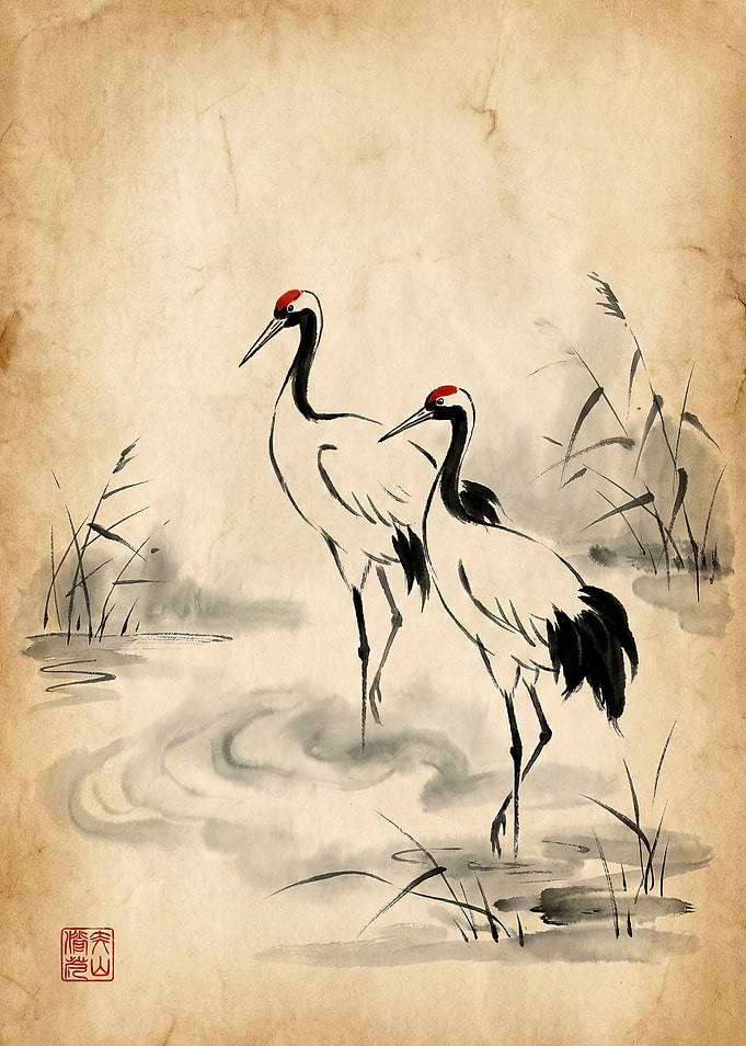 Two Cranes in Ink Wash Painting
