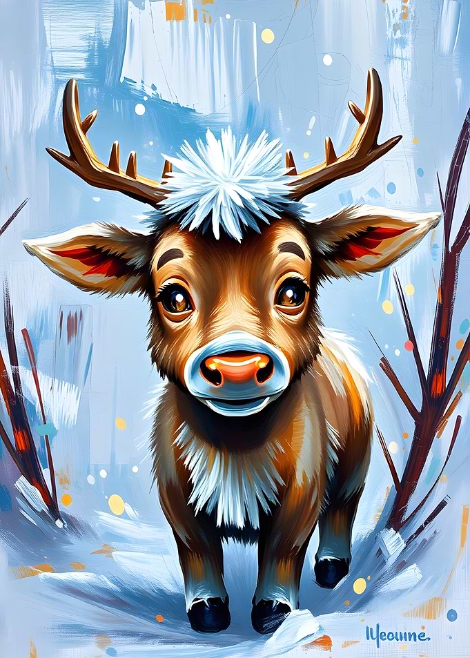 Cute Cartoon Reindeer in Winter Scene