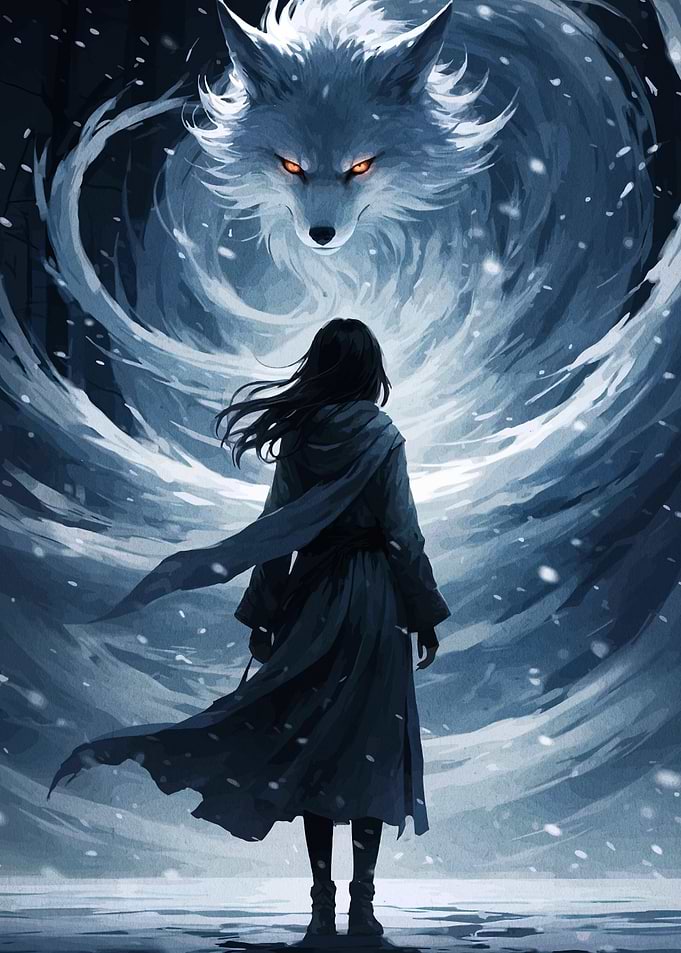 Woman and Spirit Wolf in Snow