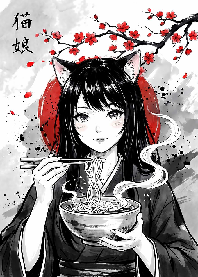 Anime Cat Girl Eating Ramen