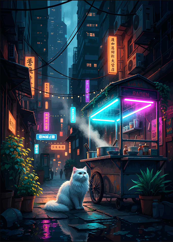 Cyberpunk Alley Cat Ramen Stand