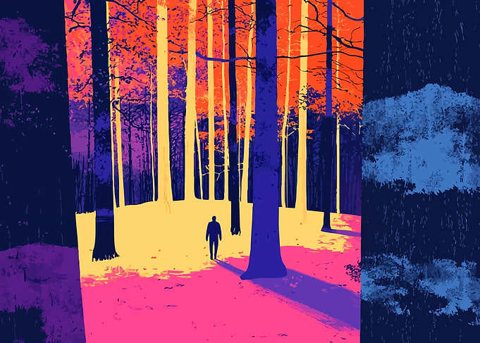 Man in Purple Forest Nature Minimalist Art Illustration