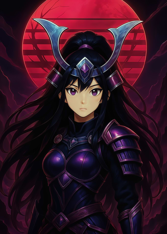 Anime Samurai Girl with Red Moon
