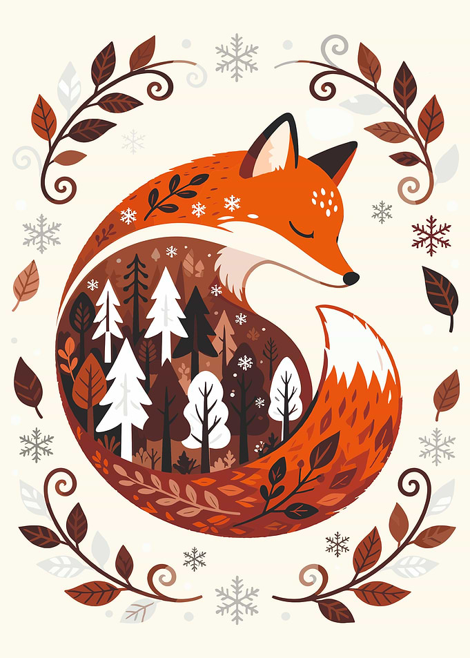 Fox in Winter Forest Illustration