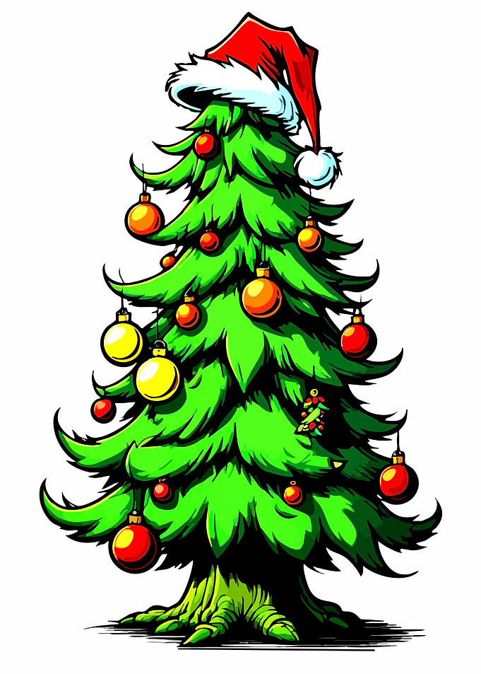 Cartoon Christmas Tree with Santa Hat