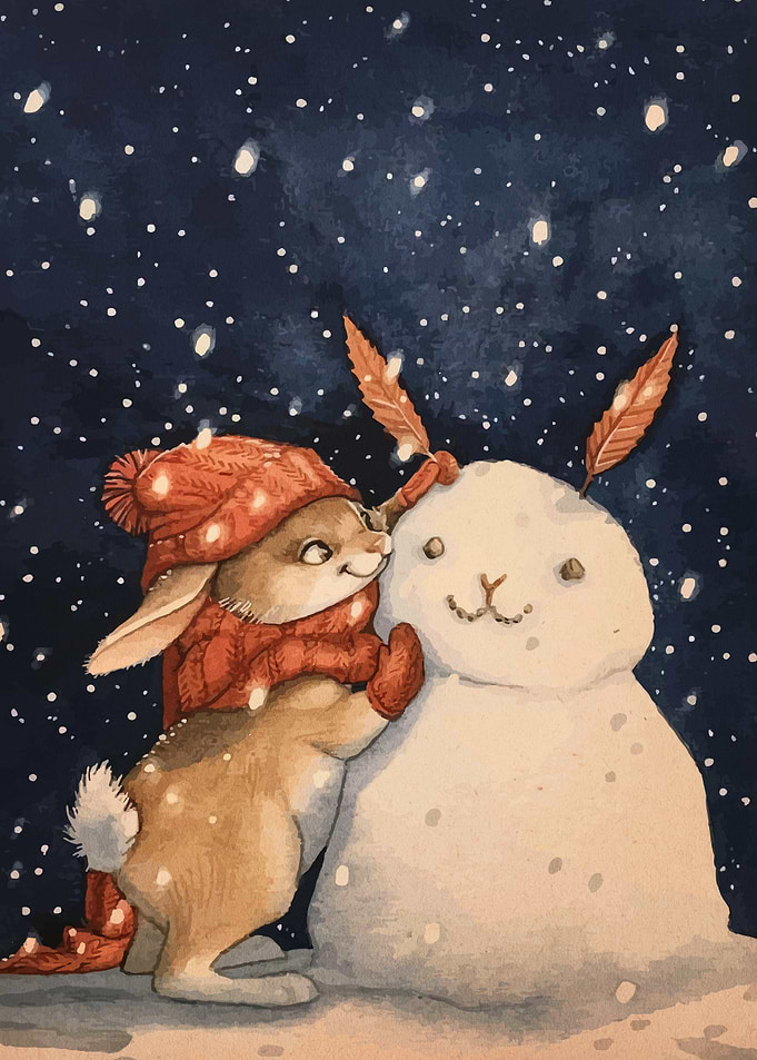 Bunny Building a Snowman Watercolor Art