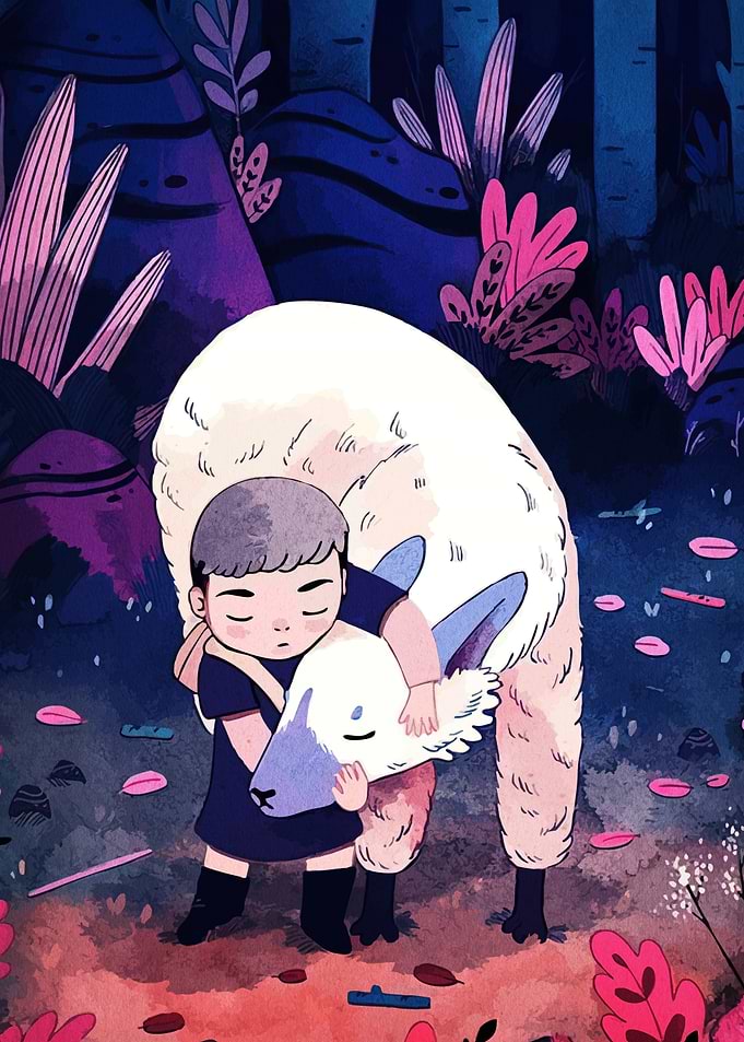 Boy and Animal Friend in Forest