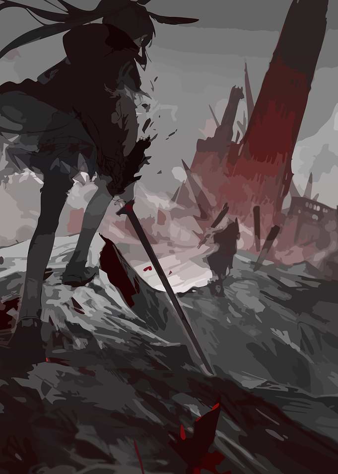 Anime Girl with Sword in Ruins