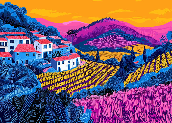 Mediterranean Village Country European Minimalist Art Illustration