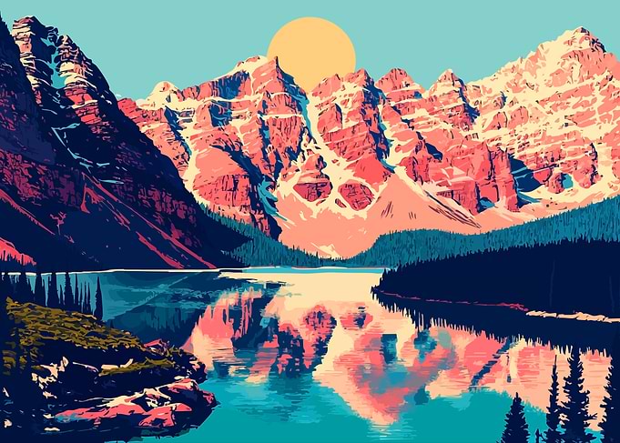 Banff Canada Mountain Lake Landscape Nature Minimalist Art Illustration