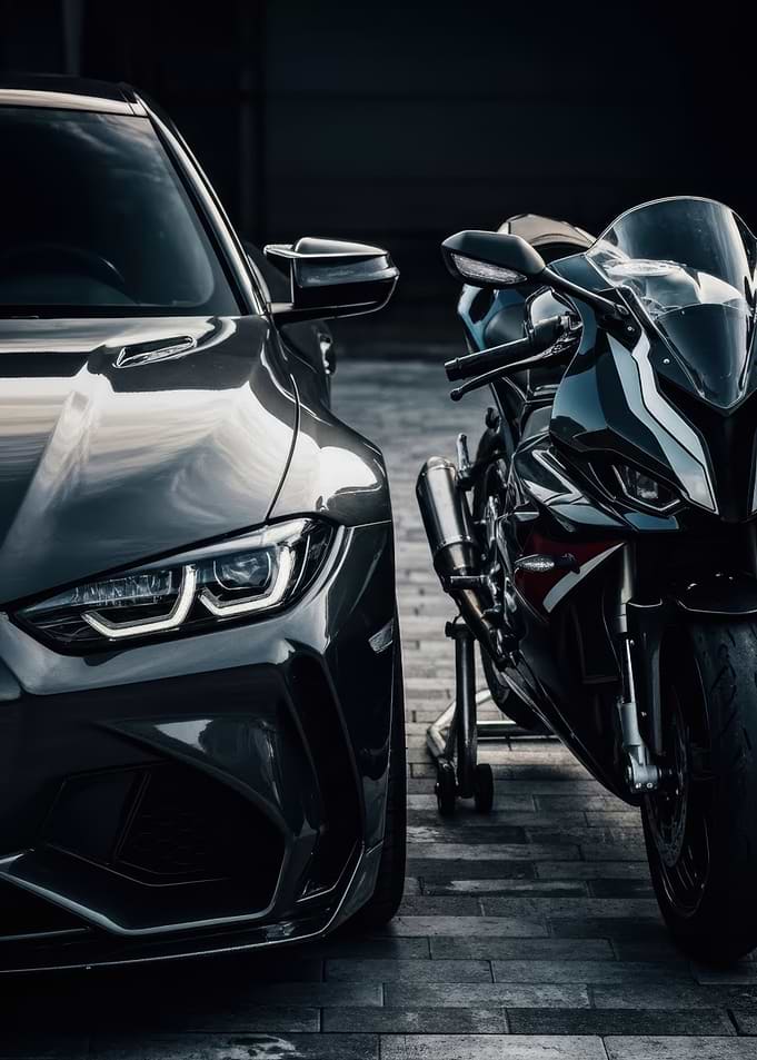 Black Car and Motorcycle Duo