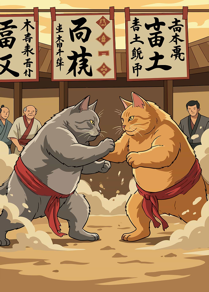 Cat Sumo Wrestling Match Illustration