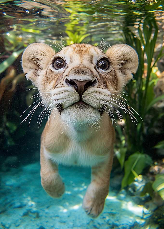 Lion cub swimming underwater close-up