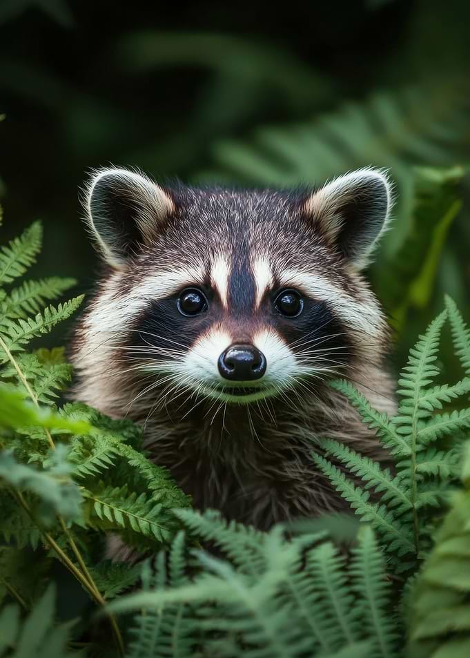 Raccoon portrait in ferns