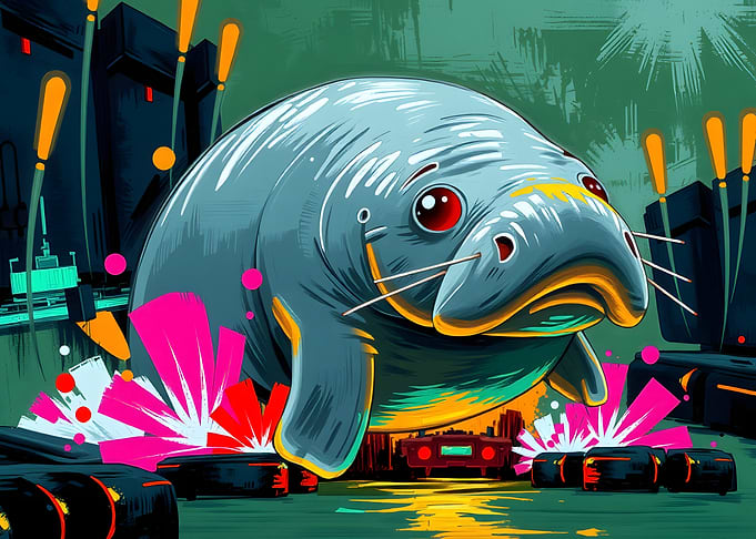 Cyberpunk Manatee in Futuristic Cityscape