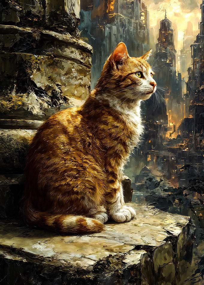 Orange Cat Dystopian City Painting