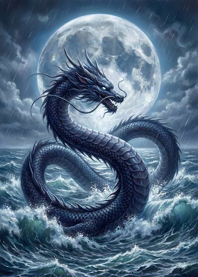 Dragon in the ocean with moon