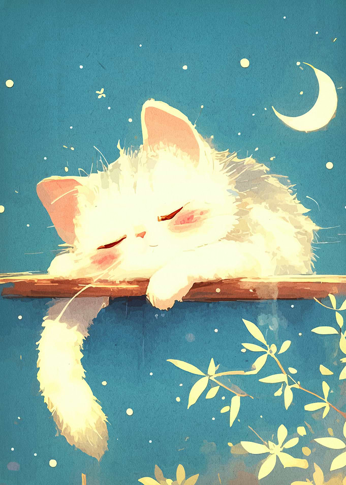 Sleeping Cat Under Moon Digital Art