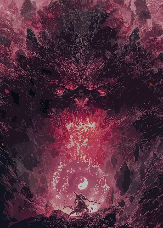 Warrior facing a monstrous entity