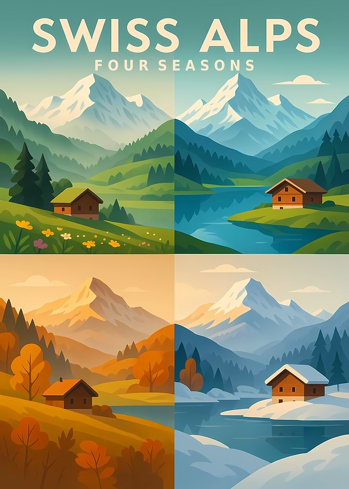 Swiss Alps Four Seasons Illustration