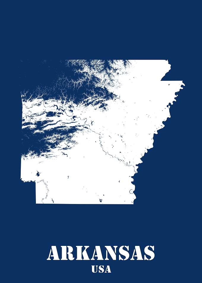Arkansas USA State Minimalist White Topographic Contour Relief Map featuring terrain on navy blue background